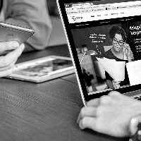 black and white image of a website landing page
