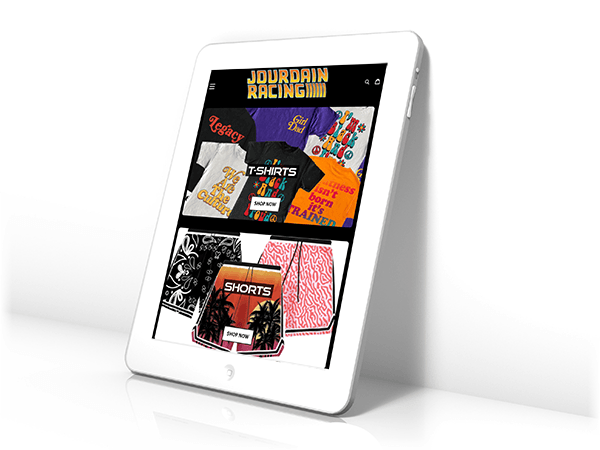 image of an ipad screen with Jourdain Racing Shopify website displayed on it