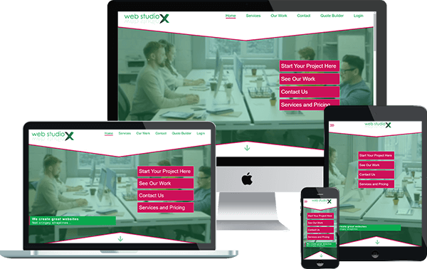 image of 3 different size computers with Web Studio X websites displayed on the screens
