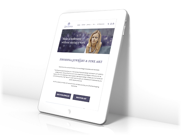 image of an ipad screen with Zhodina Shopify website displayed on it